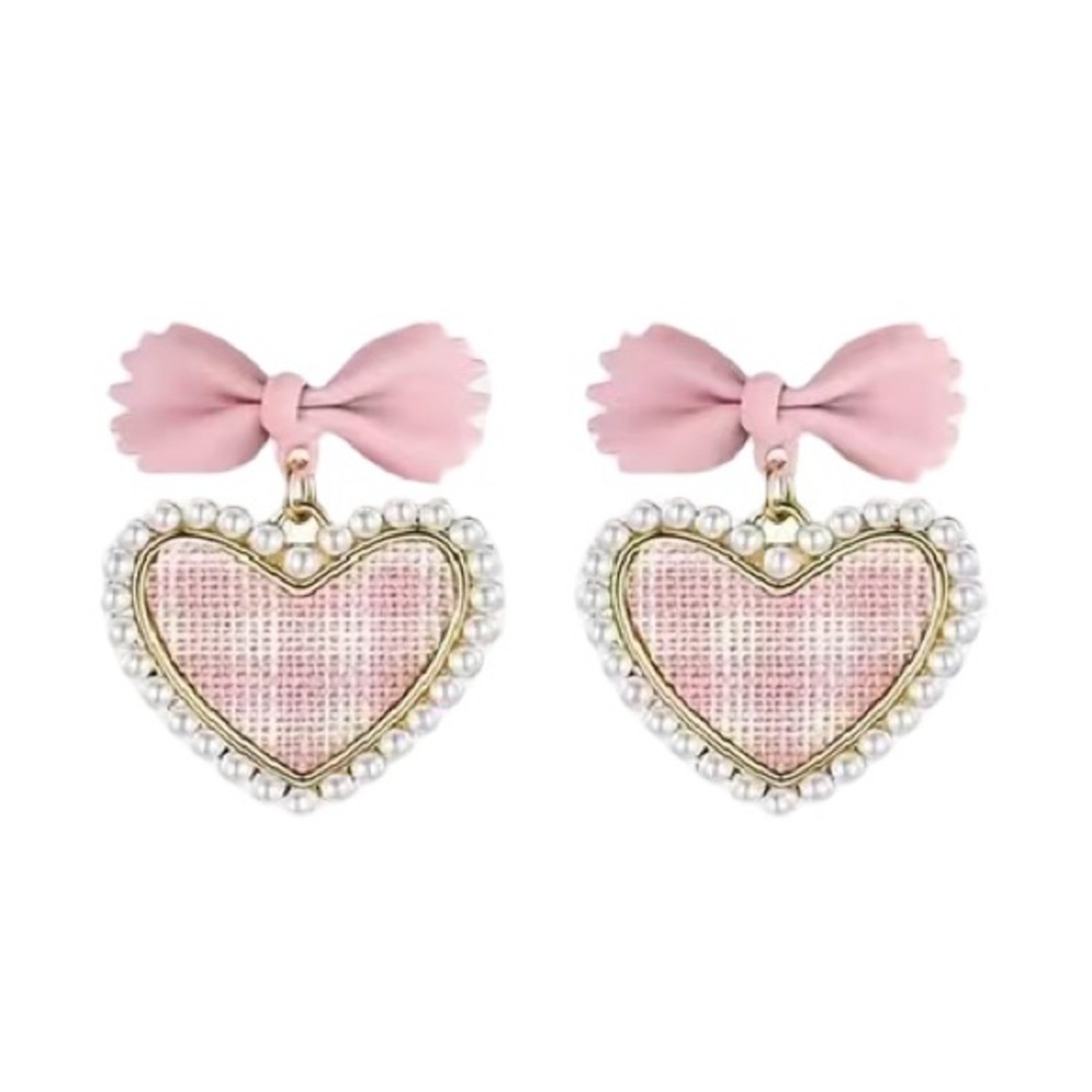 Pearl Pink Plaid Bow Heart Stud Earrings - Picture 3 of 6